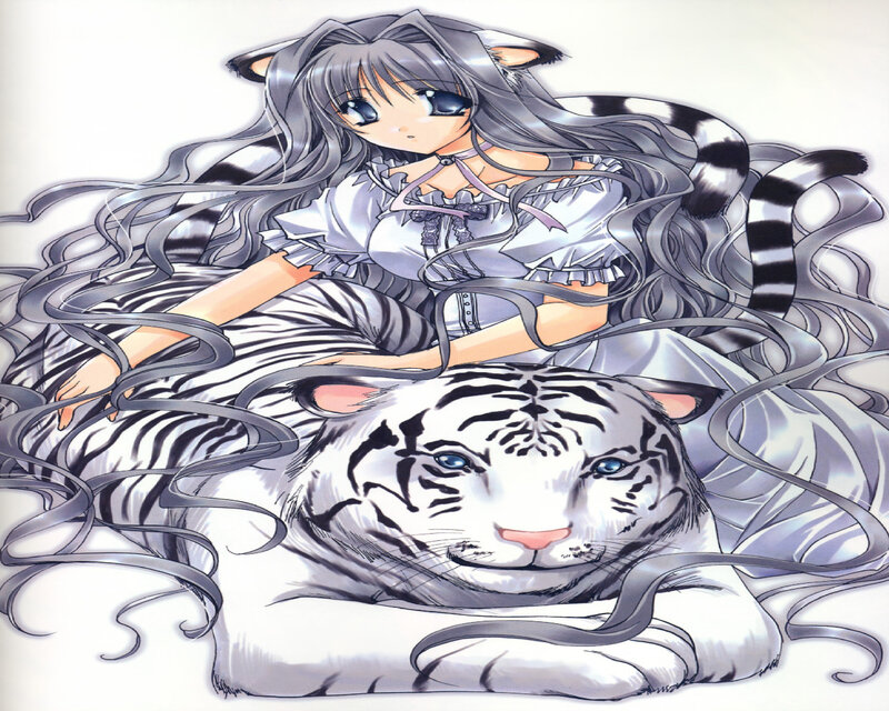 Anime Girl with White Tiger — Calm