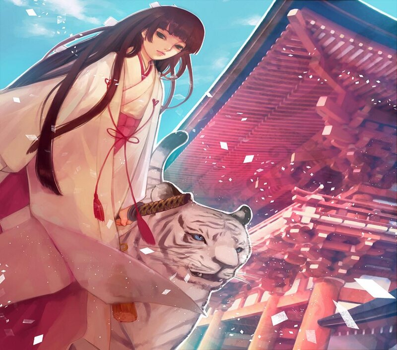 Anime Girl with White Tiger — Dramatic