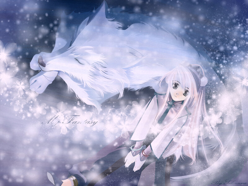 Anime girl with white wolf