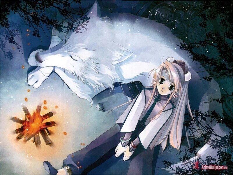 Anime girl with white wolf