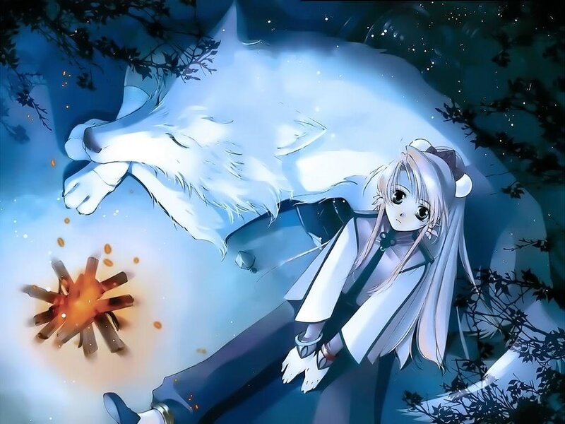 Anime girl with white wolf