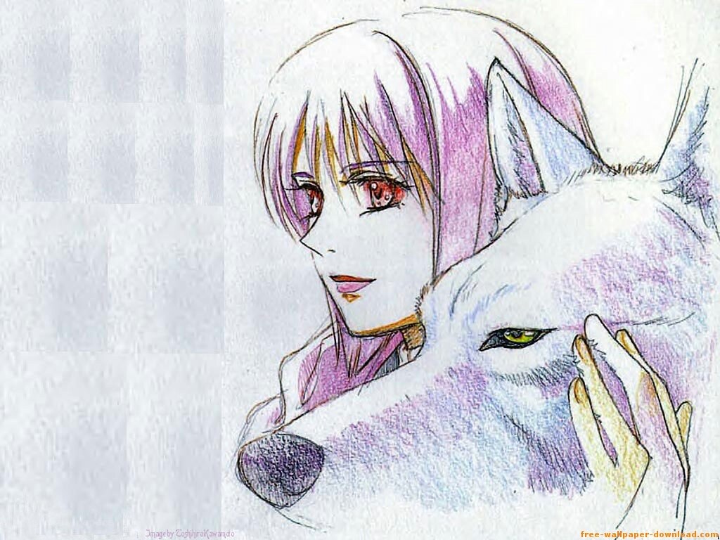 anime girl with white wolf