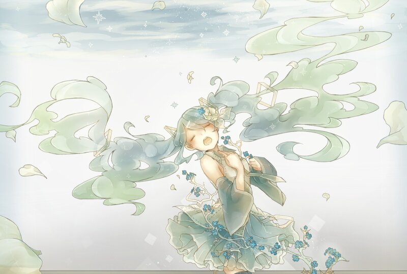 Anime girl with wind and flowers