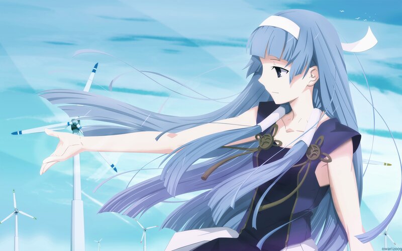 Anime Girl with Wind Turbines — Blue, Calm