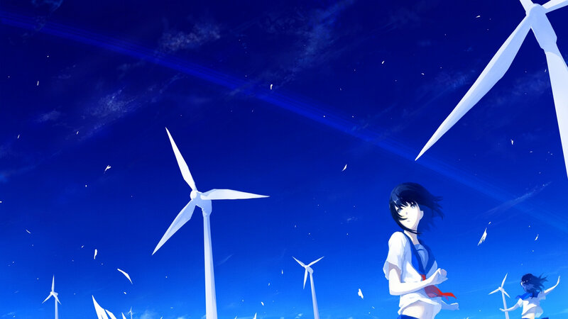 Anime Girl with Wind Turbines — Blue, Serene