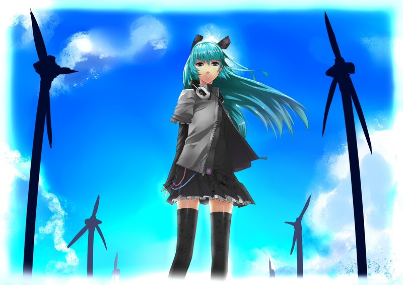 Anime Girl with Wind Turbines — Blue