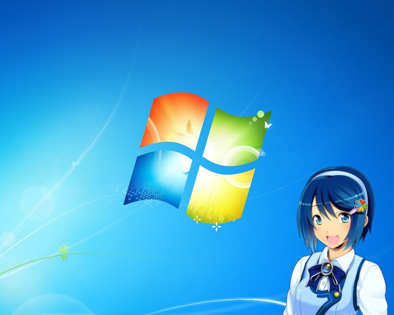Anime Girl with Windows Logo — Blue, Cheerful, Morning, Digital Art