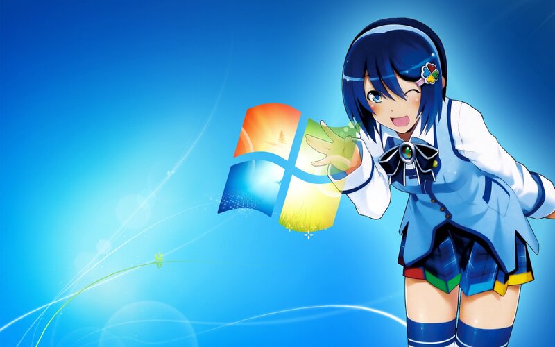 Anime Girl with Windows Logo — Blue, Cheerful