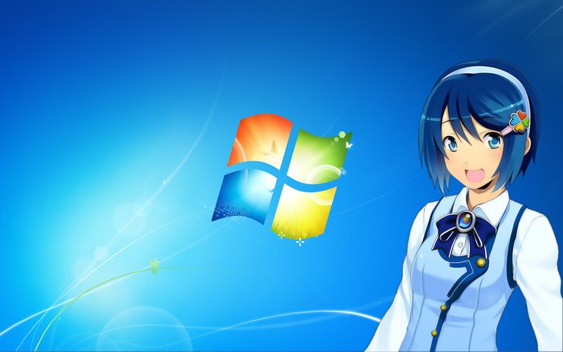 Anime Girl with Windows Logo — Blue, Cheerful, Windows Logo