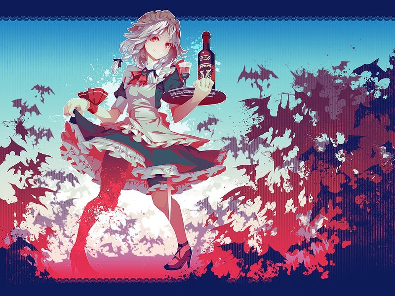 Anime girl with wine bottle