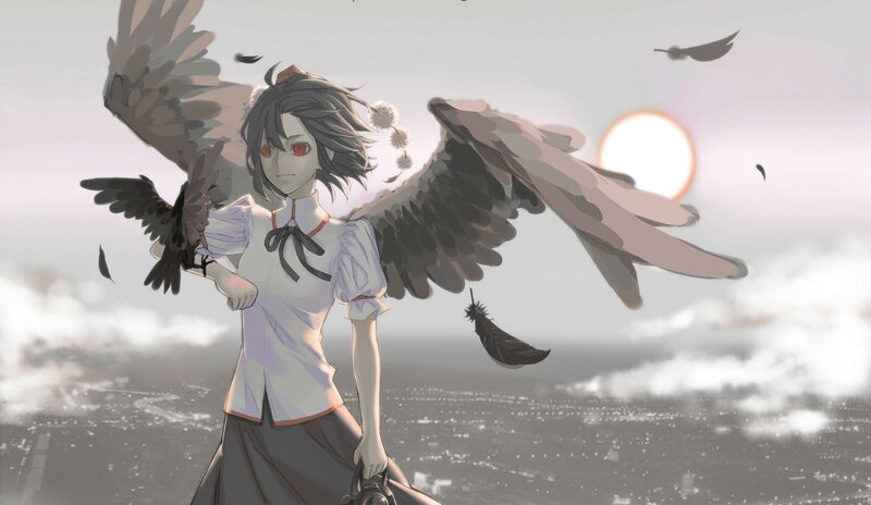 Anime girl with wings and birds