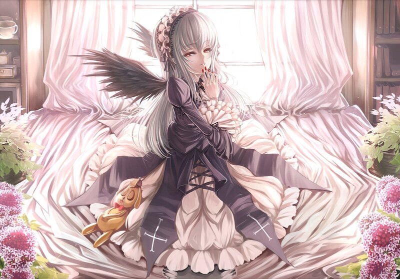 Anime girl with wings and doll