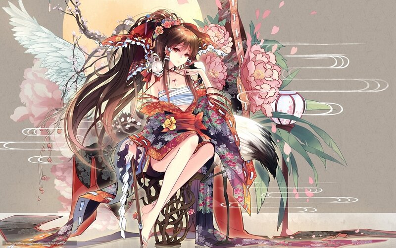 Anime girl with wings and flowers