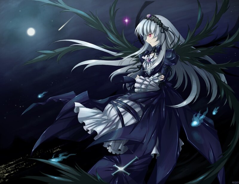 Anime girl with wings at night