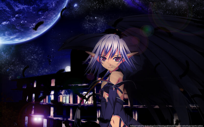 anime girl with wings at night