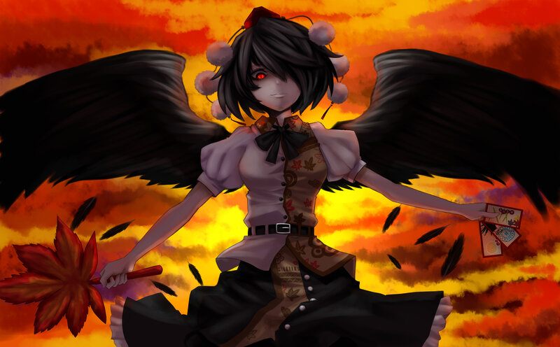 Anime girl with wings at sunset