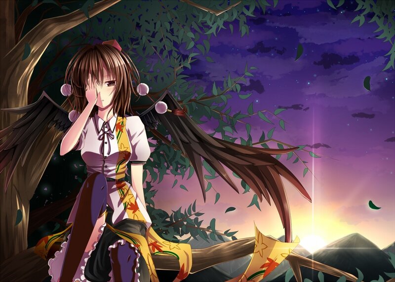 Anime girl with wings at sunset