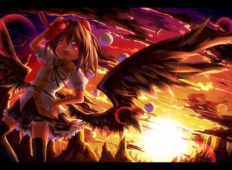 Anime girl with wings at sunset