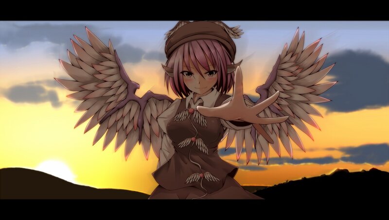 anime girl with wings at sunset