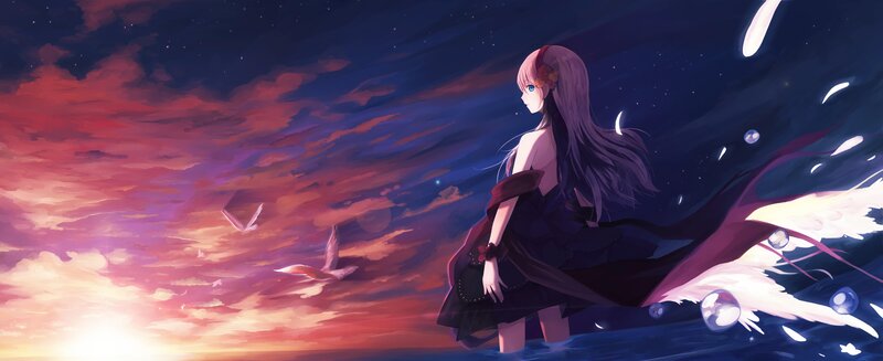 anime girl with wings at sunset