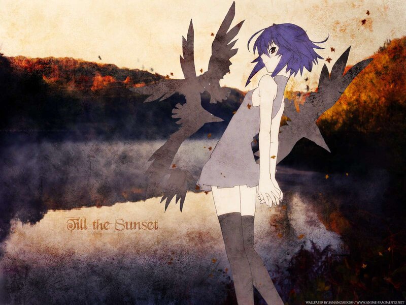 Anime girl with wings at sunset