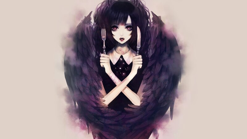 Anime Girl with Wings — Black, Dark, Digital Art, Fork