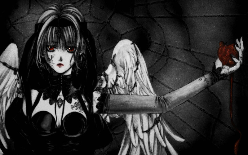 Anime Girl with Wings — Black, Dark, Dramatic, Digital Art