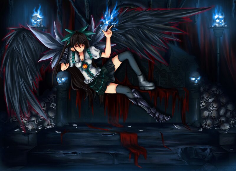 Anime Girl with Wings — Black, Dark, Dramatic, Night, Digital Art
