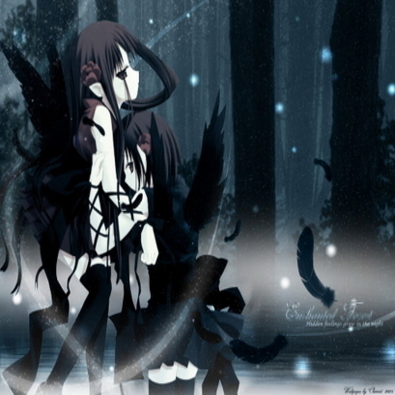 Anime Girl with Wings — Black, Dark, Night, Digital Art, Forest