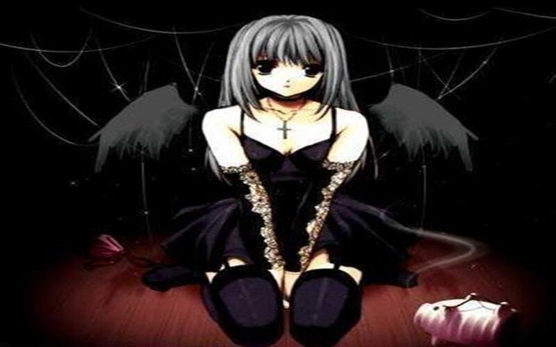 Anime Girl with Wings — Black, Dark, Night, Digital Art