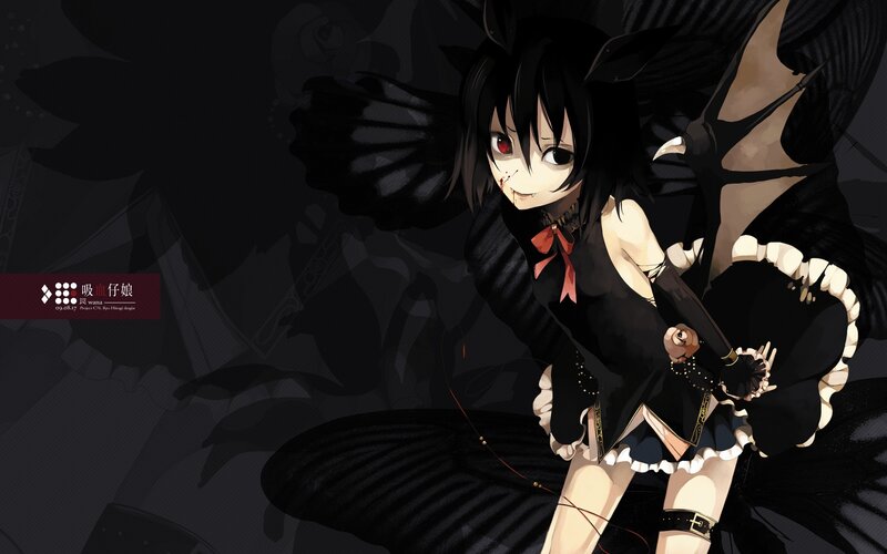 Anime Girl with Wings — Black, Dark, Night