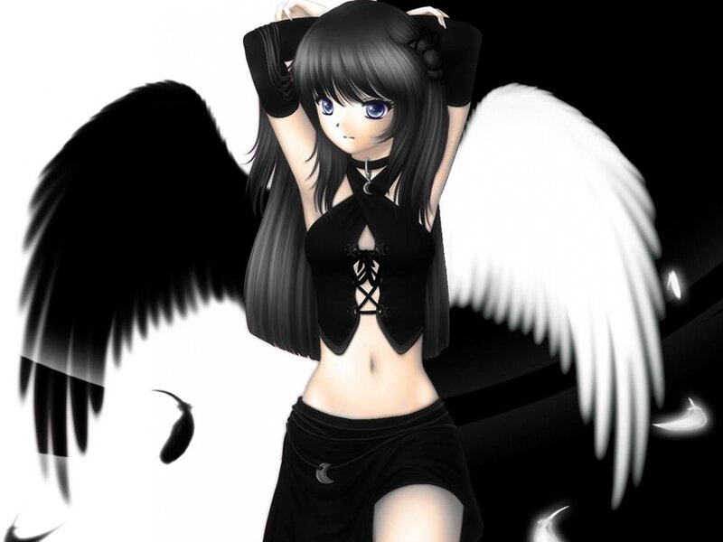 Anime Girl with Wings — Black, Dramatic, Digital Art, Black Clothing