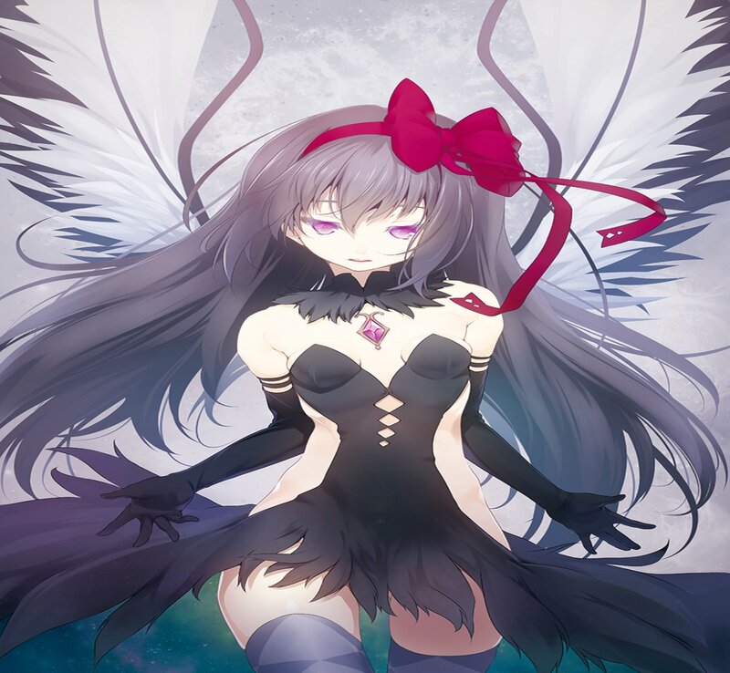 Anime Girl with Wings — Black, Dramatic, Digital Art, Bow