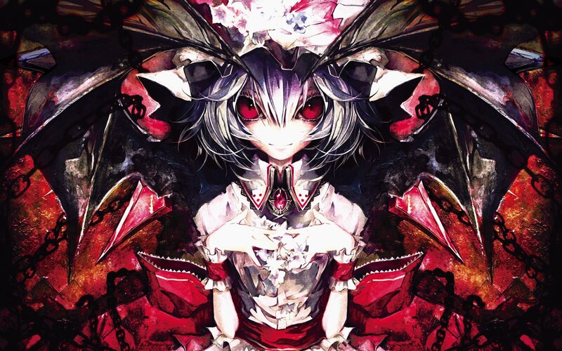 Anime Girl with Wings — Black, Dramatic, Digital Art, Chains, Red Eyes