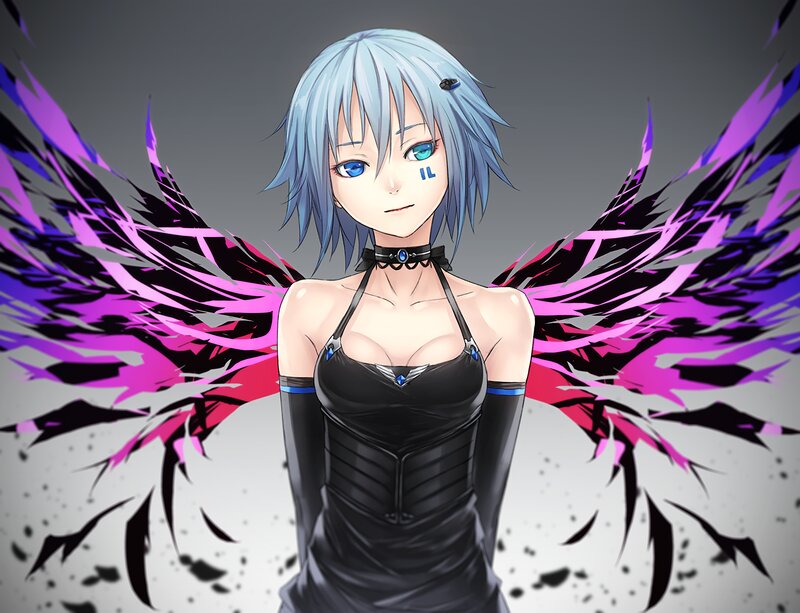 Anime Girl with Wings — Black, Dramatic, Digital Art, Choker