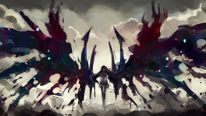 Anime Girl with Wings — Black, Dramatic, Digital Art, Clouds, Dark Sky