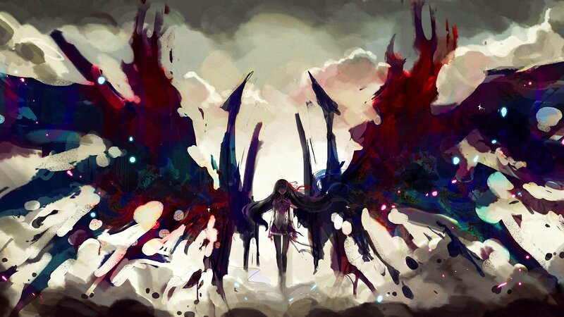 Anime Girl with Wings — Black, Dramatic, Digital Art, Clouds, Glowing Lights
