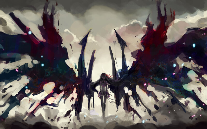 Anime Girl with Wings — Black, Dramatic, Digital Art, Clouds
