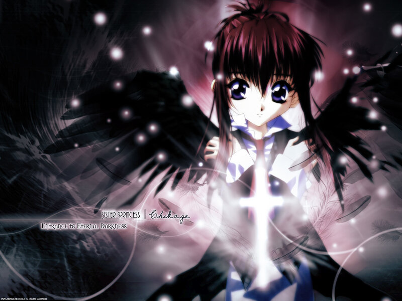 Anime Girl with Wings — Black, Dramatic, Digital Art, Cross