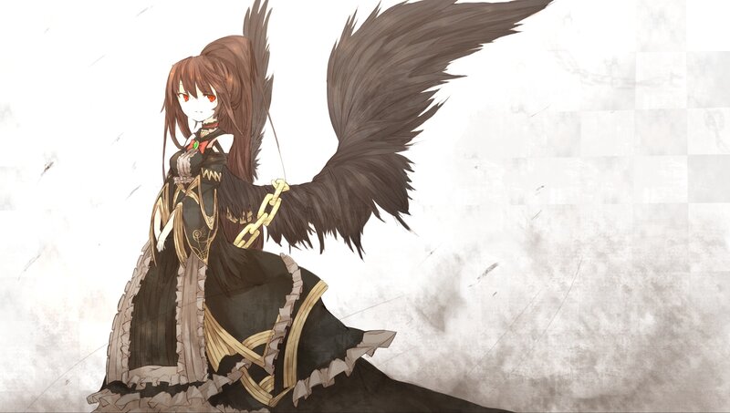 Anime Girl with Wings — Black, Dramatic, Digital Art, Dress, Chain
