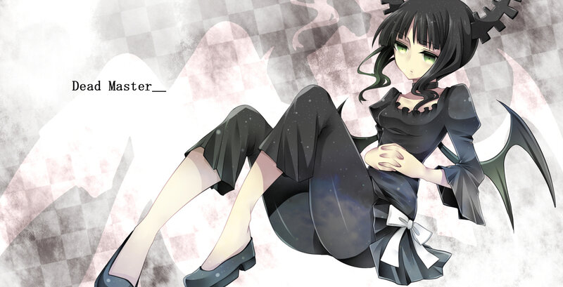 Anime Girl with Wings — Black, Dramatic, Digital Art, Dress, Checkered Background