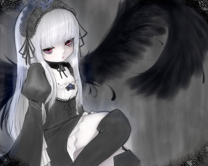 Anime Girl with Wings — Black, Dramatic, Digital Art, Dress, Rose