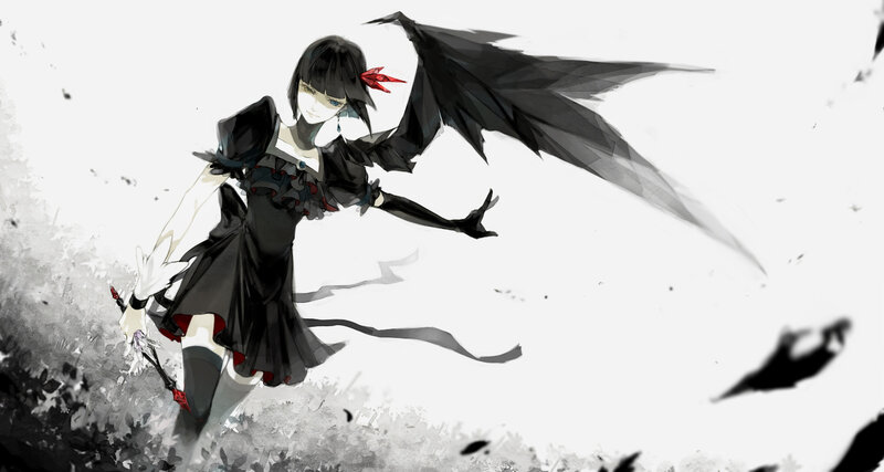 Anime Girl with Wings — Black, Dramatic, Digital Art, Dress