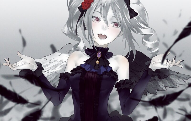 Anime Girl with Wings — Black, Dramatic, Digital Art, Feathers, Dress