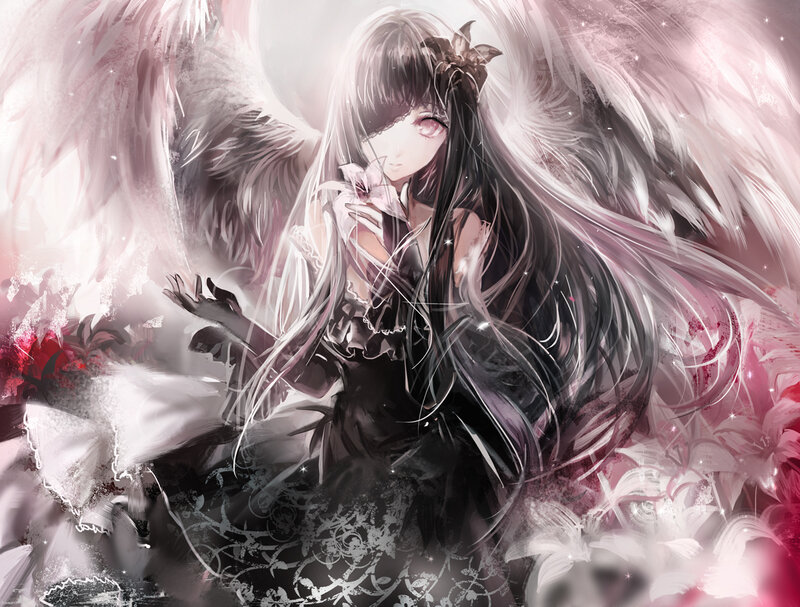 Anime Girl with Wings — Black, Dramatic, Digital Art, Flowers