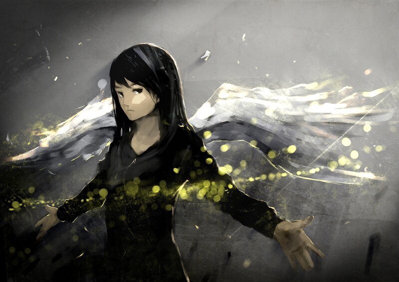 Anime Girl with Wings — Black, Dramatic, Digital Art, Glowing Particles