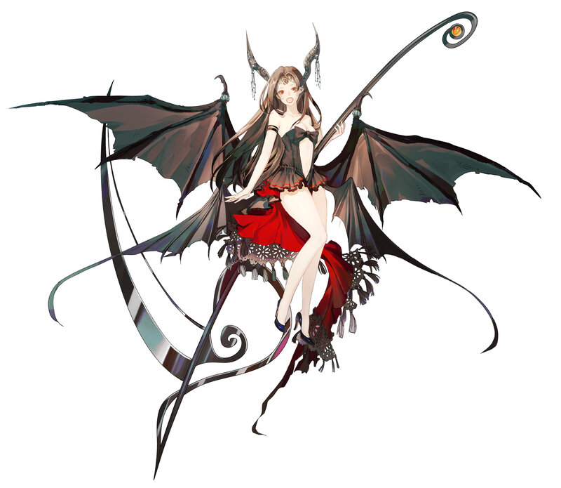 Anime Girl with Wings — Black, Dramatic, Digital Art, Horns, Staff