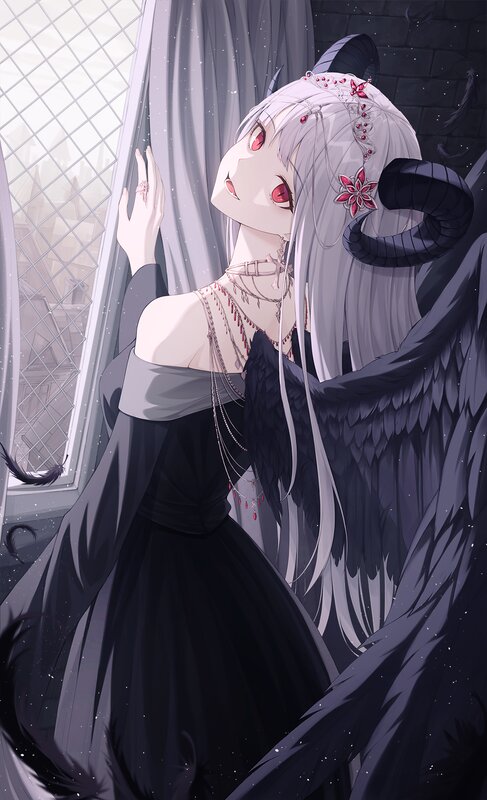 Anime Girl with Wings — Black, Dramatic, Digital Art, Horns, Window