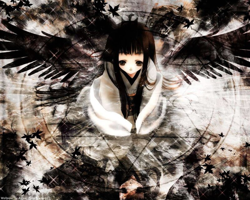 Anime Girl with Wings — Black, Dramatic, Digital Art, Leaves