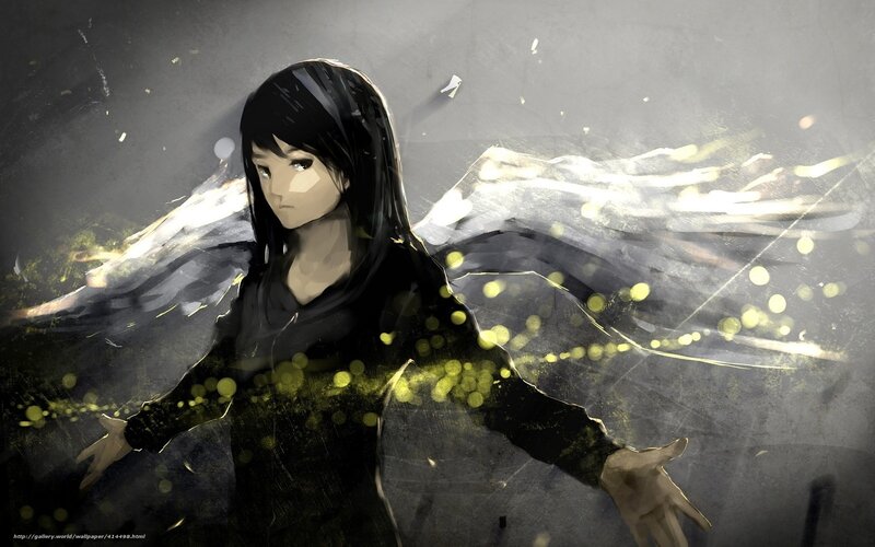 Anime Girl with Wings — Black, Dramatic, Digital Art, Light Particles